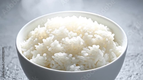 Steaming bowl of freshly cooked white rice on stone surface