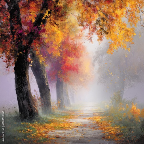 Autumnal pathway lined with colorful trees, misty atmosphere, peaceful and serene fall landscape scene.