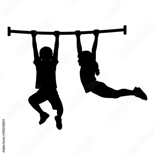 Children silhouette swinging on horizontal bar, outdoor playground fun vector illustration
