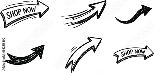 Collection of hand drawn black and white arrows with 'shop now' banners indicating direction and promotion