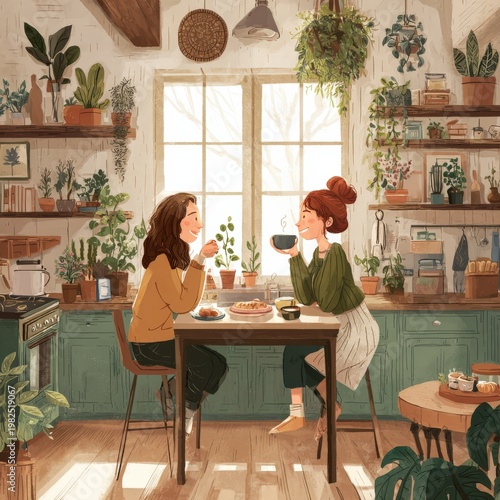 Two women enjoying coffee and conversation in a cozy, plant-filled kitchen with natural sunlight streaming through large windows.