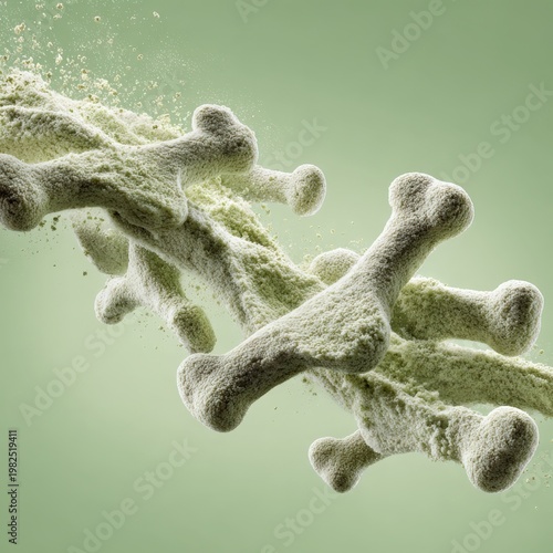 Magnified view of virus particles, showing their spiky surface structure against a green background.