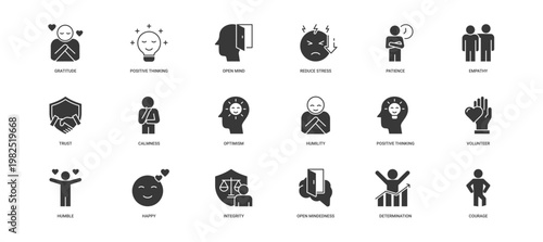Positive Personality icon set containing gratitude, positive thinking, open mind, reduce stress, patience, empathy, trust, calmness vector icons