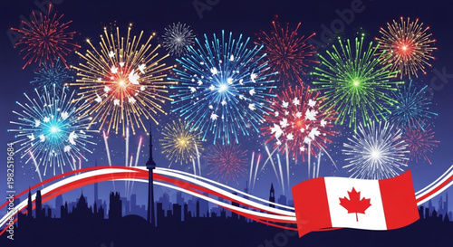Toronto city skyline silhouette with fireworks and Canadian flag