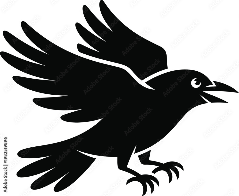Fototapeta premium Black Crow in Flight with Open Beak Vector Illustration
