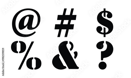 Black Typography Vector Icons: At Symbol, Hash Tag, Dollar Sign, Percent, Ampersand, Question Mark Symbols
