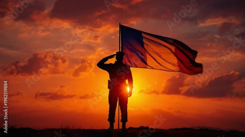 Silhouette with Flag at Sunset Symbolizing Freedom from France
