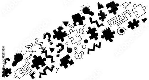 Puzzle doodles vector illustration with scattered problem solving elements and colorful abstract shapes in dynamic layout