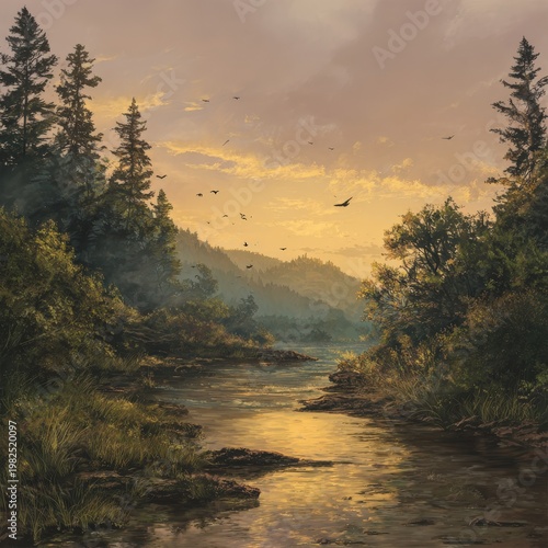 Serene river flowing through lush forest with mountains in the background at sunset, surrounded by trees and a peaceful sky.
