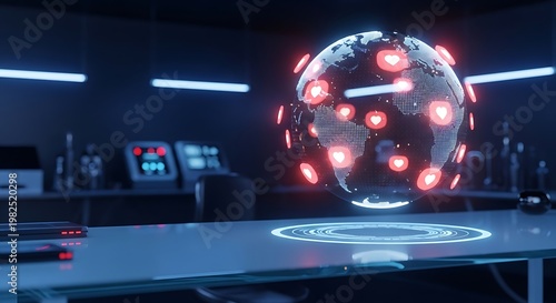 Digital Earth Globe with Red Heart Like Icons Representing Global Social Media Connectivity