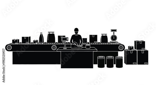 A black and white vector graphic illustration depicting a factory worker efficiently packaging various products on an automated conveyor belt system for shipping and distribution.