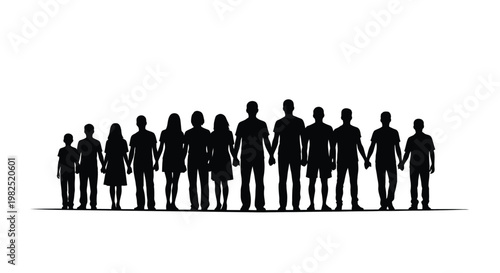 Professional vector illustration of a diverse group of people standing in a straight line while holding hands together in unity and solid black silhouette style