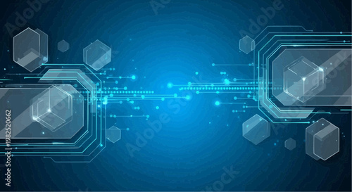 Futuristic circuit board with glowing blue connections and hexagons.