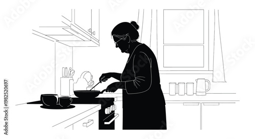 A thoughtful senior woman in an apron diligently cooking a meal in a pan on the kitchen stove, a simple vector illustration.