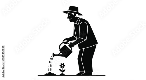 Minimalist black and white vector illustration of a dedicated senior gardener carefully watering a small blooming flower using a classic metal handheld gardening water can