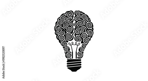 Creative brain forming a lightbulb with abstract swirling patterns, representing brilliant ideas, innovation, intelligence, problem-solving, and thoughtful design concept vector illustration.