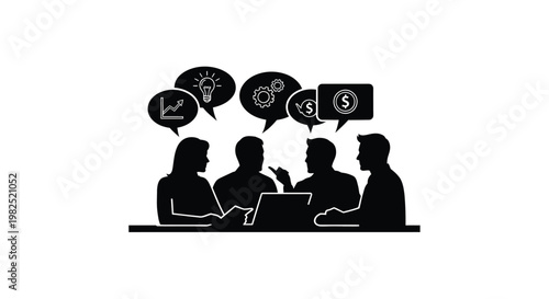 Professional business team engaging in a collaborative meeting while using speech bubbles to represent financial growth ideas and strategic innovation within this creative vector graphic design