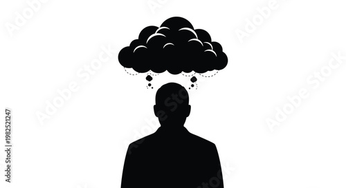 Simple vector illustration of a dark storm cloud hovering over a human head to represent negative thinking mental health challenges or stress in business design
