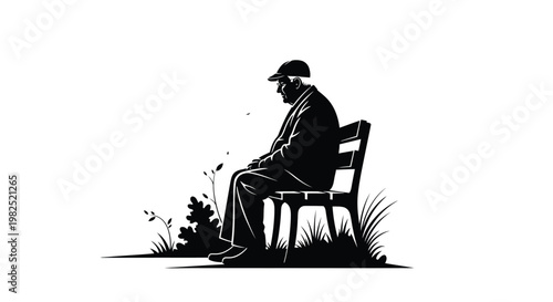 Minimalist black and white vector illustration of a lonely elderly man sitting quietly on a wooden bench while thinking about his past life and memories