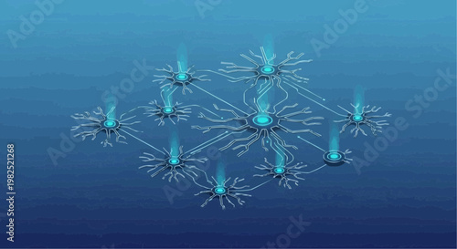 Glowing blue neurons in a network.