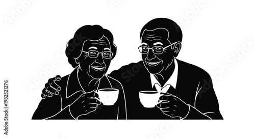 Happy senior couple enjoying a warm beverage together, a cheerful black and white vector illustration depicting an aged man and woman sharing a moment.