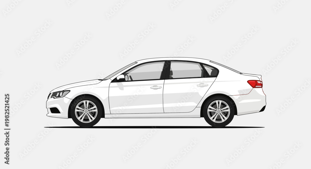 Fototapeta premium Modern white sedan car illustration side view isolated on white background