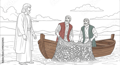 Biblical Man Calling Fishermen from Boat with Fishing Net Religious Faith Story Illustration for Education