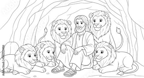 Man Sitting Calmly with Lions in Cave. Courage, Faith, and Protection Coloring Page for Kids Religious Education.