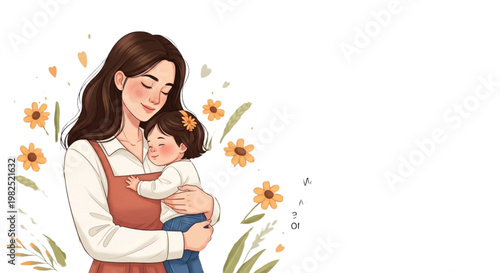 Loving Mother Cradling Sleeping Baby Illustration with Sunflowers. Tender Maternal Bond for Family, Parenting, Wellness