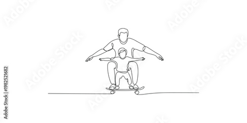 Man teaching young boy to ride skateboard in one continuous line drawing person people adult