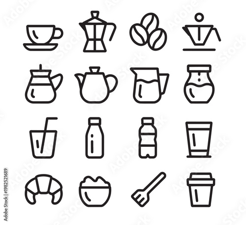 Coffee and beverage outline icon set for café menu design, coffee shop branding, drink delivery apps, and food blog content projects