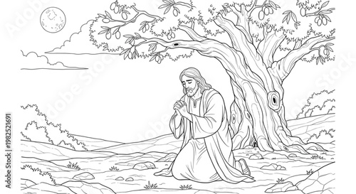 Spiritual Man Kneeling in Prayer Under Tree at Night for Religious Education and Devotional Coloring Page