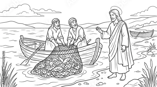Religious Teacher Calls Fishermen to Miraculous Fish Catch. Christian Bible Story Line Art for Kids Coloring.