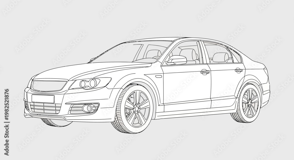 Naklejka premium Outlined sedan car illustration on light gray background for design projects