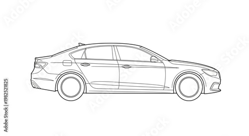 Outline drawing of a modern sedan automobile isolated on white background