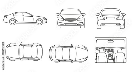 Outlined car views side front rear overhead and interior vector illustration