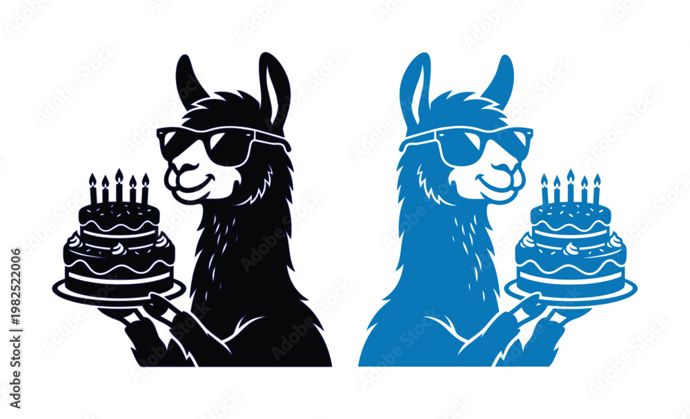 Naklejka premium Cool llama wearing sunglasses holding birthday cake, funny alpaca party vector illustration, black and blue animal character icons for celebration
