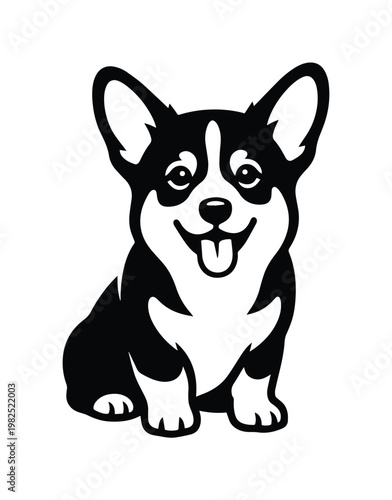 Minimalist corgi dog vector illustration, black and white puppy silhouette icon, cute welsh corgi pet mascot graphic for logo design and vinyl cutting