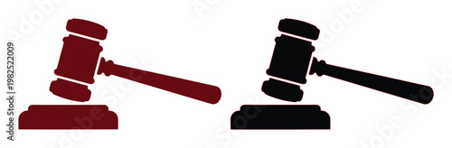 Judge gavel vector icons in black and maroon, legal auction hammer silhouettes, courtroom justice and law symbols for professional legal services