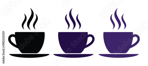 Minimalist coffee cup icons with steam, black and purple tea cup vector set, flat cafe beverage symbols for menu design and web UI