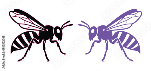 Stylized wasp vector icons, black and purple hornet silhouettes, minimalist flying insect illustrations for logo design and pest control branding