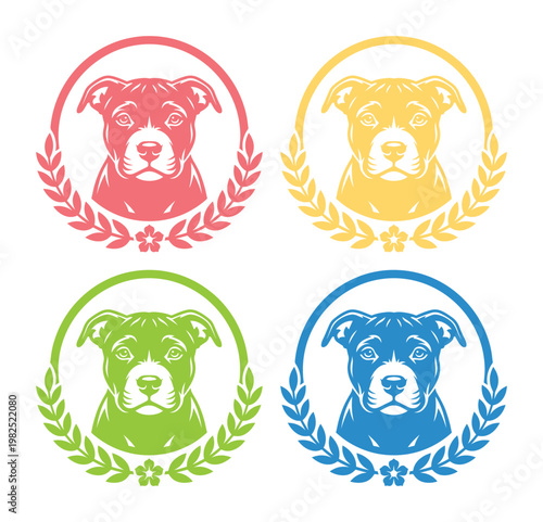 Pitbull dog head logo set, colorful pit bull terrier emblems with laurel wreath, 4 vector icons for pet shop branding and kennel club identity