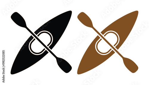 Minimalist kayak and paddle vector icons, black and brown rowing boat silhouettes, outdoor water sports symbols for adventure travel and recreation