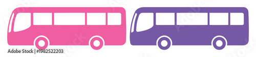 Minimalist bus vector icons in pink and purple, flat shuttle bus silhouettes for public transport, modern city coach travel graphics