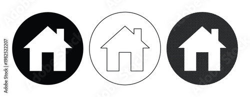 Minimalist home icon set, black and white house symbols in circular frames, modern real estate website buttons, simple residential vector graphics