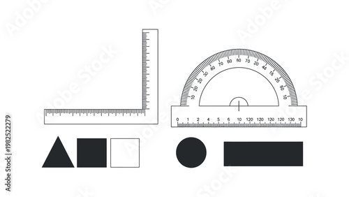 Geometric shapes and drafting tools on a white background, including a protractor, ruler, triangle, circle, square, and rectangle.