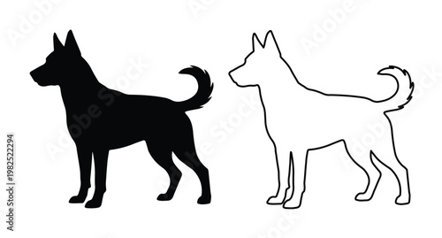 German Shepherd dog silhouette and line art vector, standing canine profile icons, black and white pet animal graphics for logo design