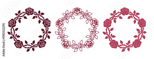 Vintage rose wreath vector set, elegant floral circular frames with thorns and leaves, burgundy botanical borders for wedding invitations and labels