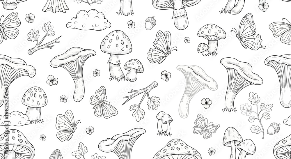 Obraz premium Black and white illustration of mushrooms butterflies and floral elements