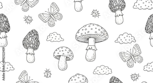 Black and white illustration of mushrooms butterflies and clouds pattern
